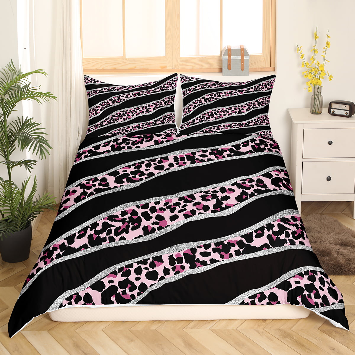 YST Cheetah Print Comforter Cover Pink Leopard Bed Sets for Kids