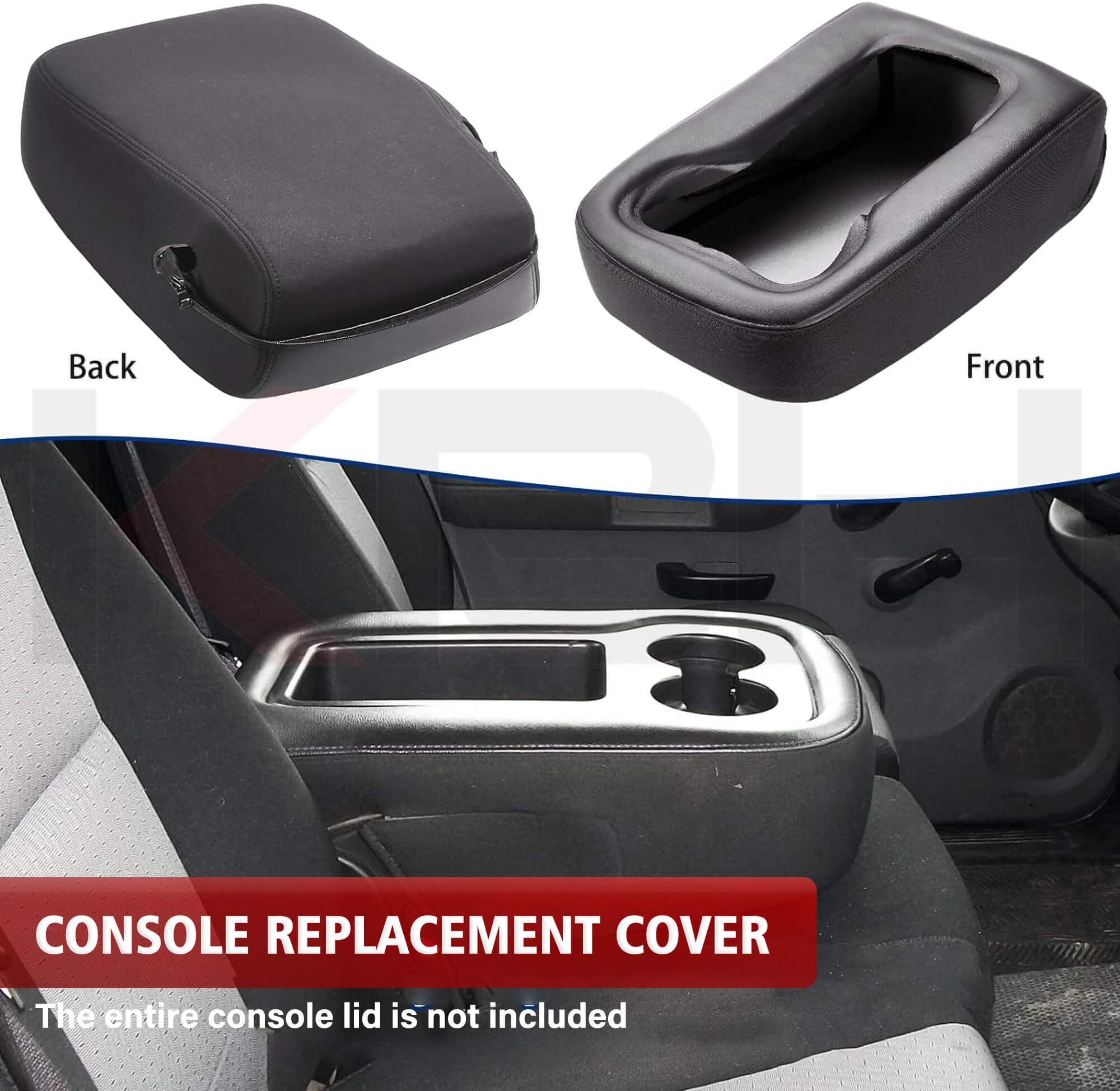KBH Center Console Lid Armrest Cover Fit for Chevy Tahoe Suburban Silverado, GMC Sierra Yukon 2007-2014, Black Leather with Zipper Design (Jump Seat)