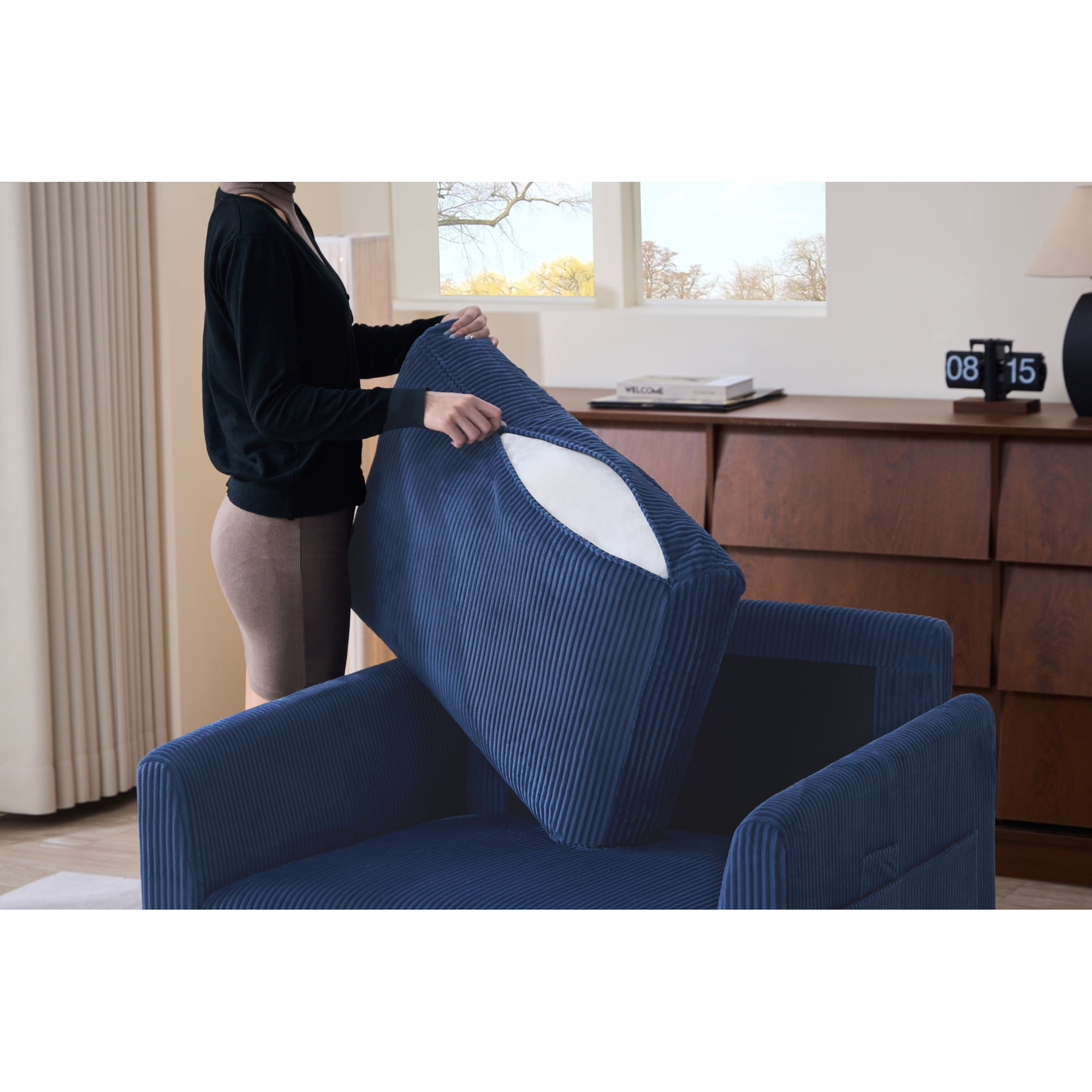 Leumius Corduroy Accent Chair, Modern Upholstered Single Sofa Armchair with 2 Pillows and Side Storage Pockets,Comfy Oversized Reading Chair for Living Room, Bedroom, Apartment,Gray