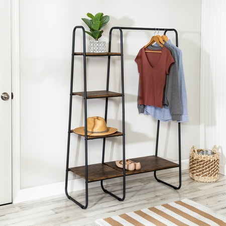 Honey Can Do Freestanding Metal Clothing Rack with Wood Shelves, Black/Natural