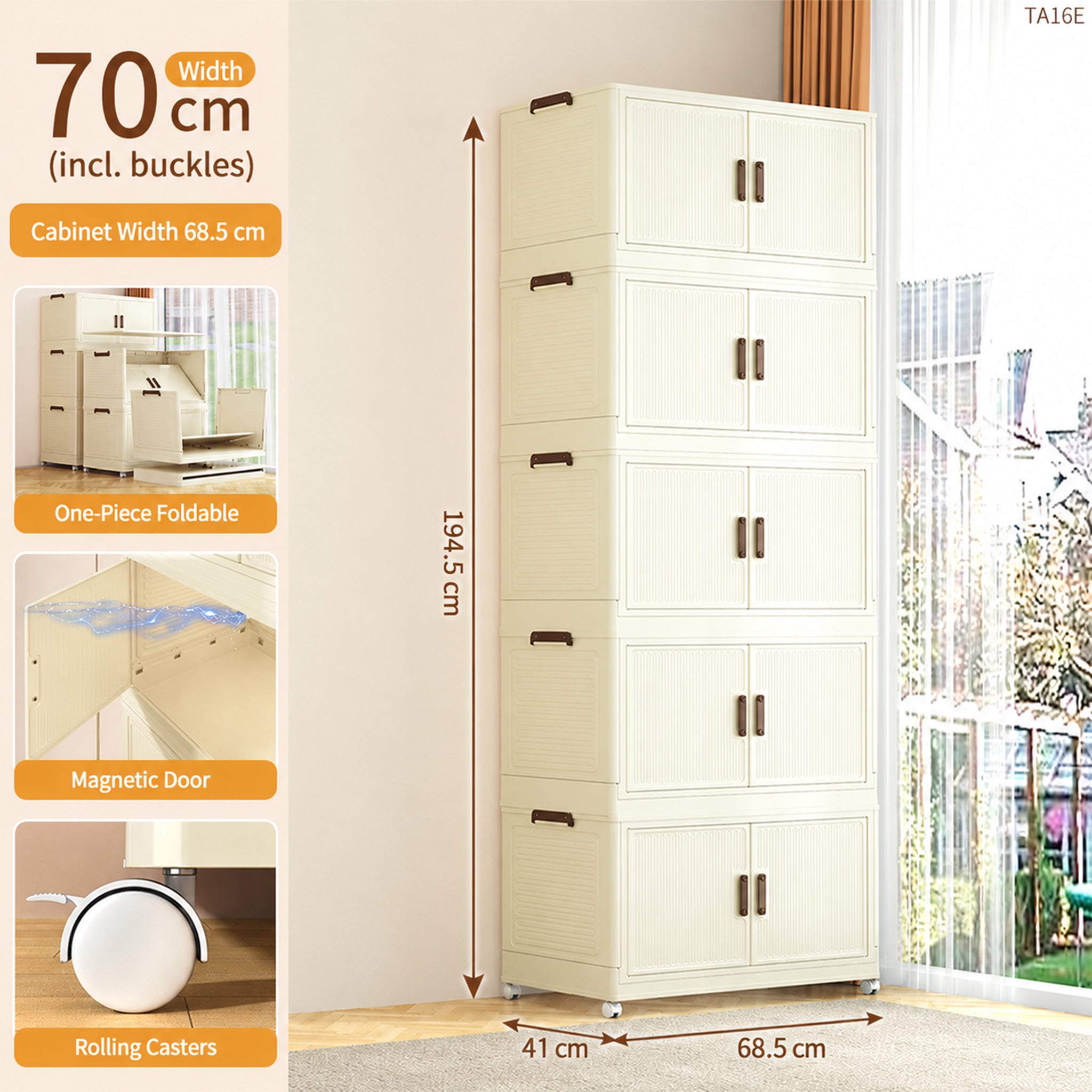 1 Tier Large Foldable Storage Cabinet with Wheels, Stackable Organizer Box for Kitchen Bathroom Bedroom Garage