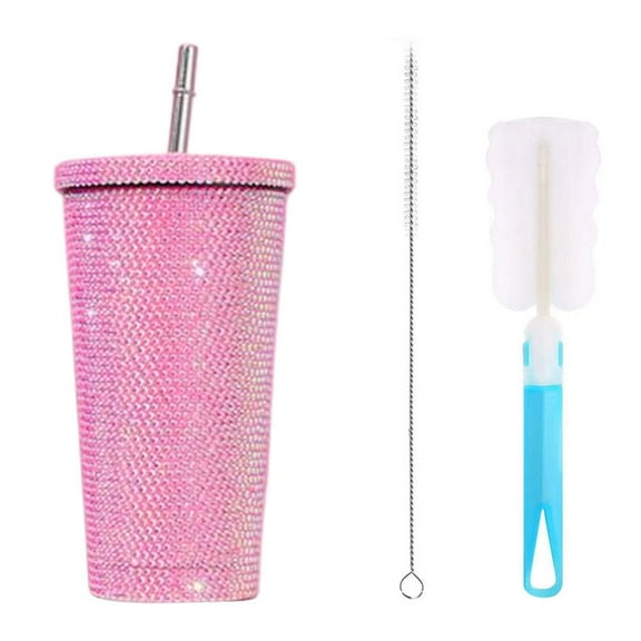 750ml Diamond Studded Insulated Cup, Double-layer Stainless Steel Straw Cup