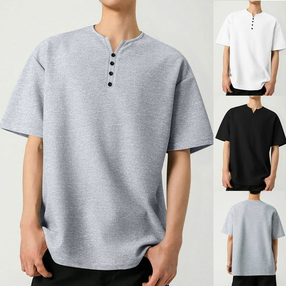 Xunlbb Men's Shirts Mens Dress Shirts Men's Solid Color Casual Button Short Sleeved Round Neck Shirts Gift for Him, M-3XL