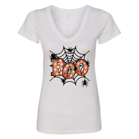 Inktastic Halloween Boo with Spiders in Web Women's V-Neck T-Shirt