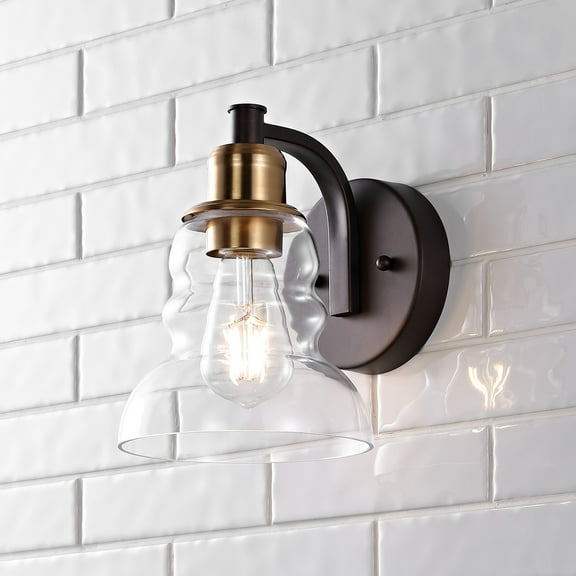 JONATHAN Y Manhattan Vintage 6.5" 1-Light Metal/Glass Industrial Rustic LED Vanity, Brass Gold/Oil Rubbed Bronze