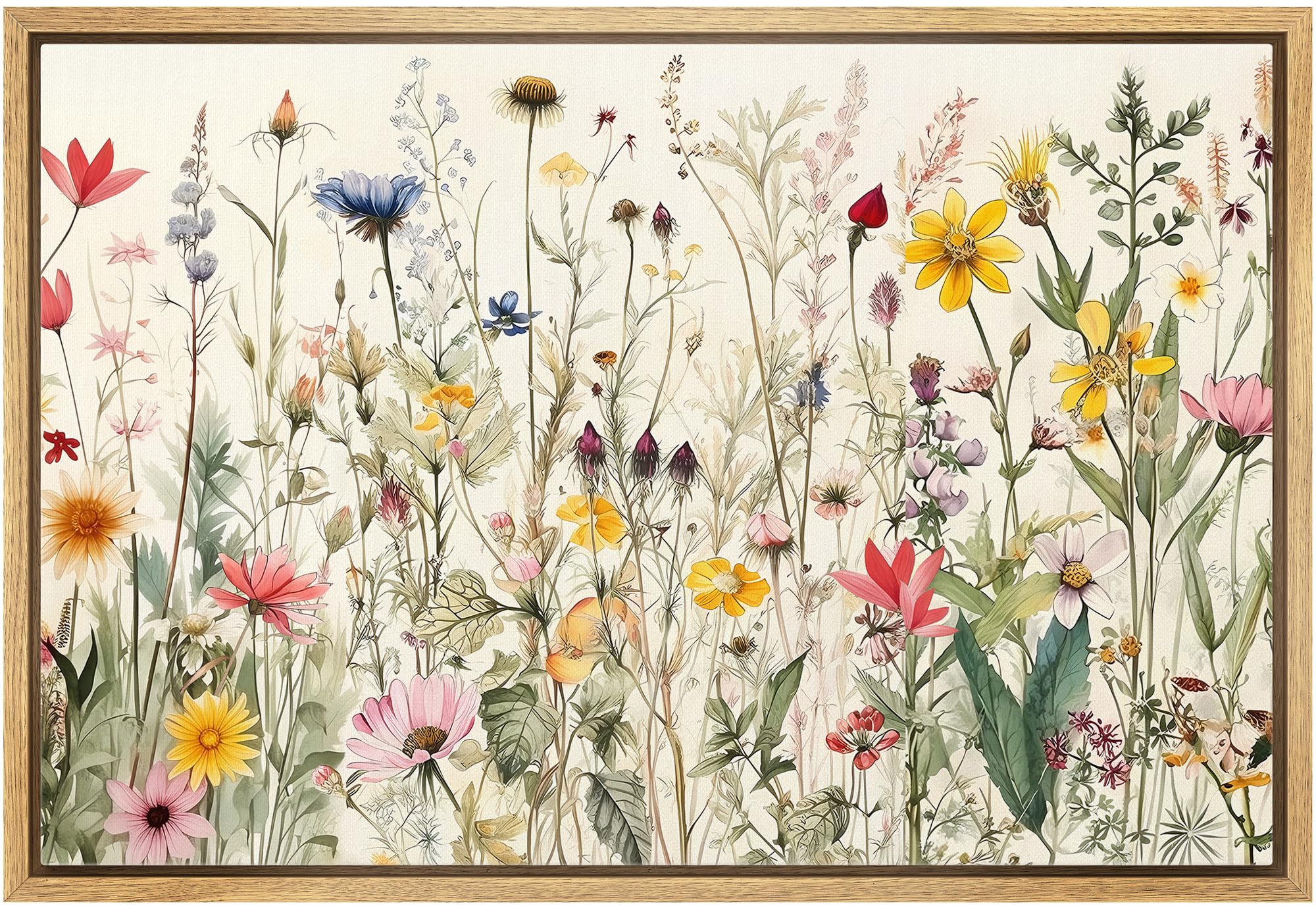 IDEA4WALL Framed Canvas Wall Art Minimal Wildflowers Floral Garden Illustrations Retro Countryside Art Botanical Colorful Print Relax/Calm for Living Room, Bedroom, Office - 24"x36" Natural