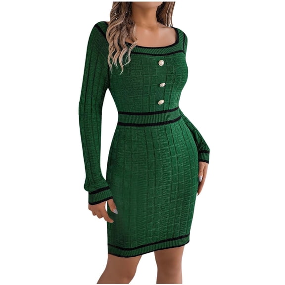 Oplxuo Women's Colorblock Square Neck Pullover Sweater Dress, Casual Long Sleeve Cable Knit Elegant Bodycon Mini Dresses