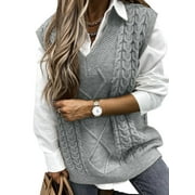 Aleumdr Women Cable Knitted Sweater Vest Vintage V Neck Plus Size Sleeveless Sweaters Tops 16 18