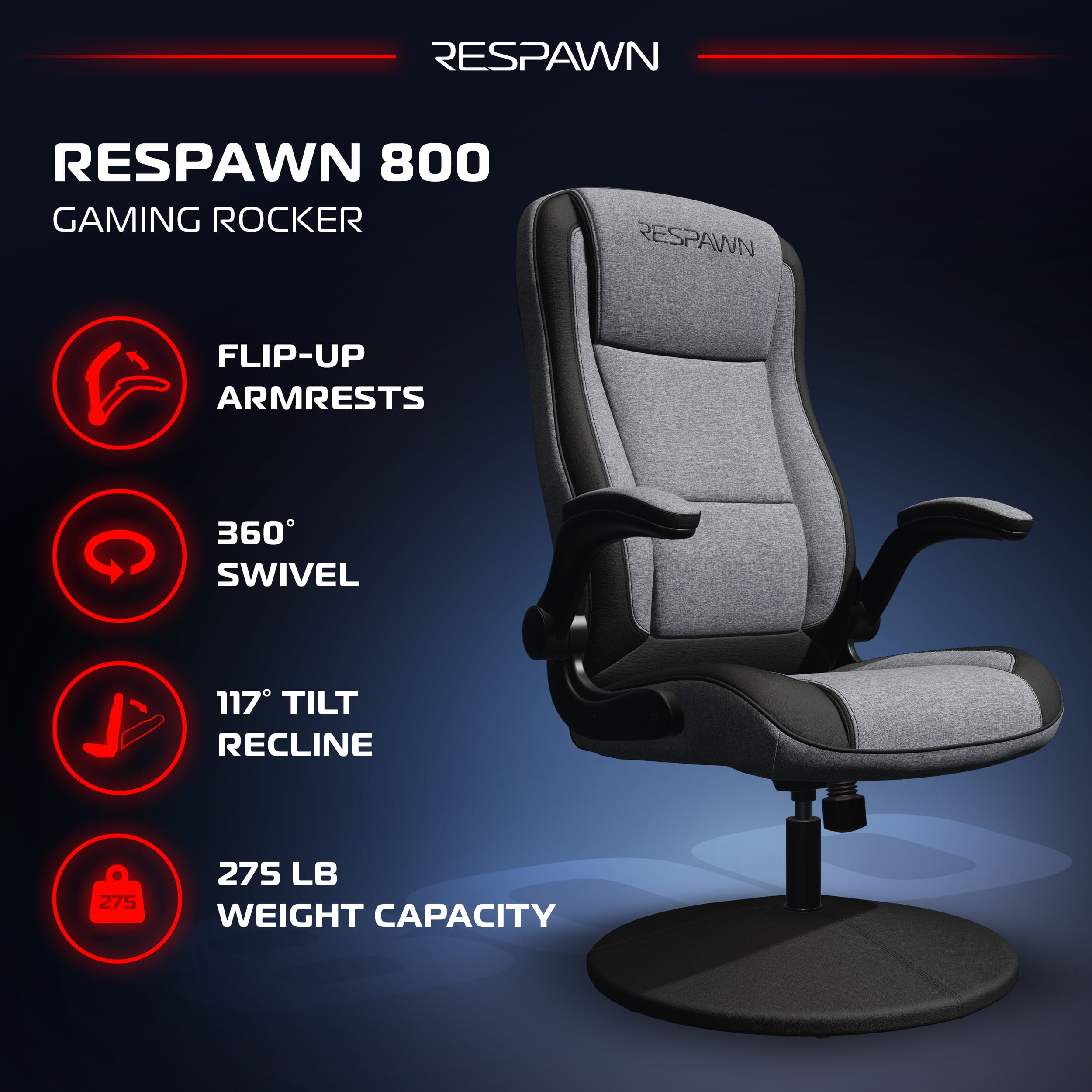 RESPAWN 800 Swivel Rocker Gaming Chair - Ergonomic Floor Gaming Seat with Lumbar Support, Flip Up Armrest, High Back, Pedestal Base, Comfortable No Wheels Consle Video Game Rocker Chair - Gray Fabric