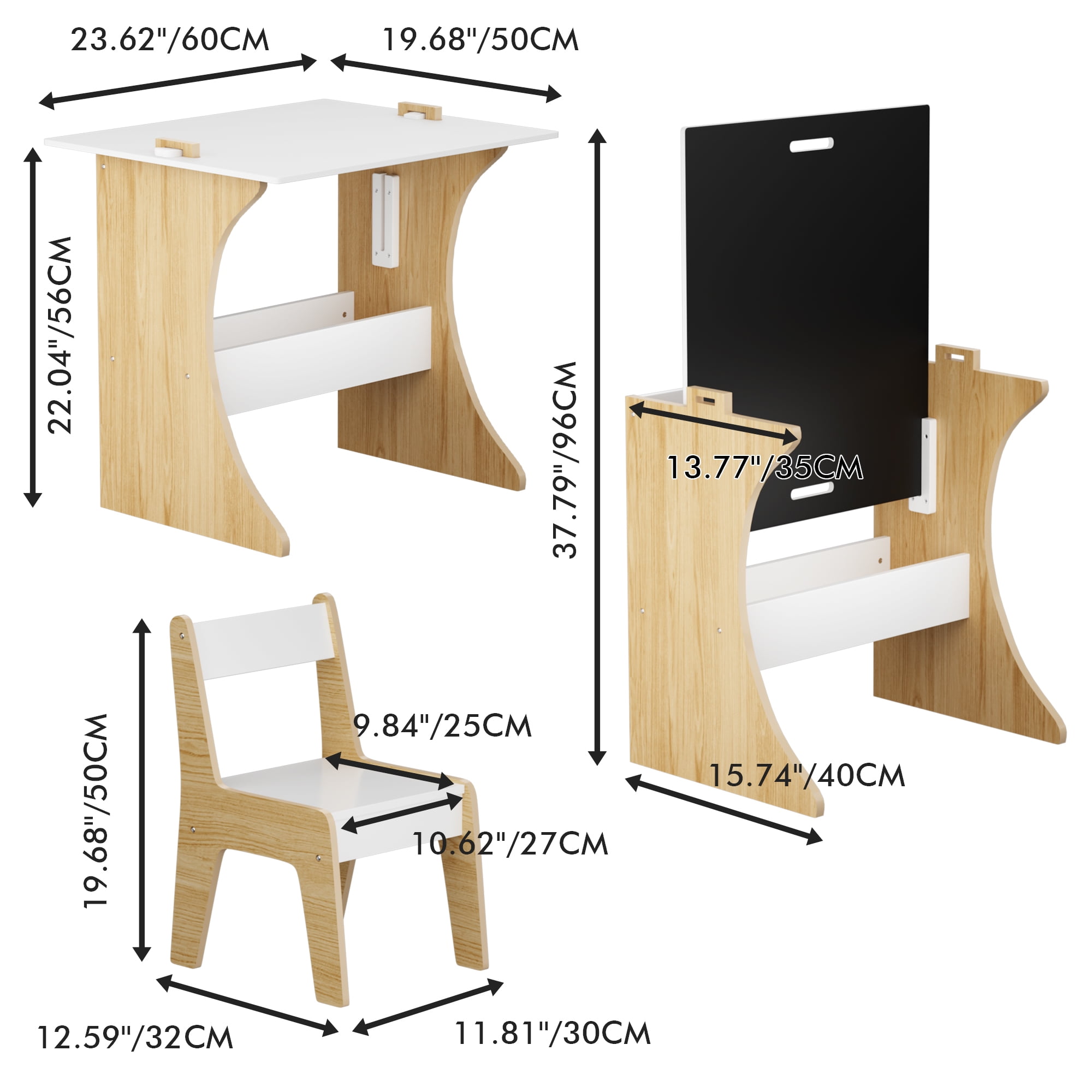 Yoneston Kids Table and Chair Set with Storage Rack, Wooden Children Study Table with Convertible Tabletop Blackboard for Study, Drawing and Play, White