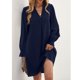 thumbnail image 2 of Vestido de cuello en V de las mujeres frente plisado largo mangas de soplo suelta piel agradable vestido de otoño para fechas fiestas trabajo azul oscuro XL, 2 of 6