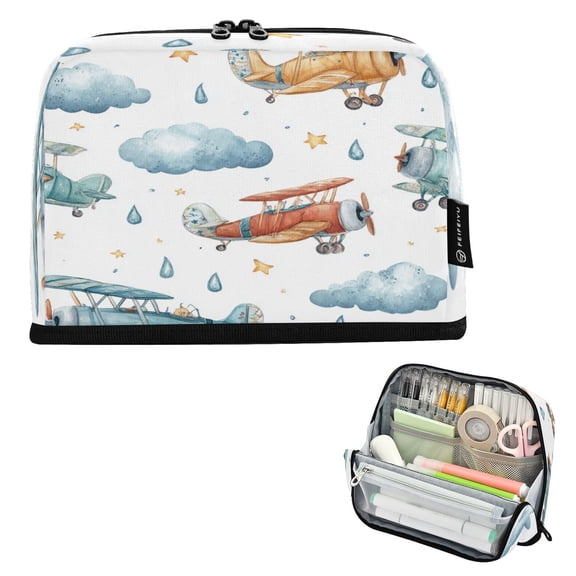 Pencil Bag with Magnetic Foldable Base Large Capacity Stand-Up Pencil Case Durable Nylon Pen Pouch Watercolor Airplane Pattern