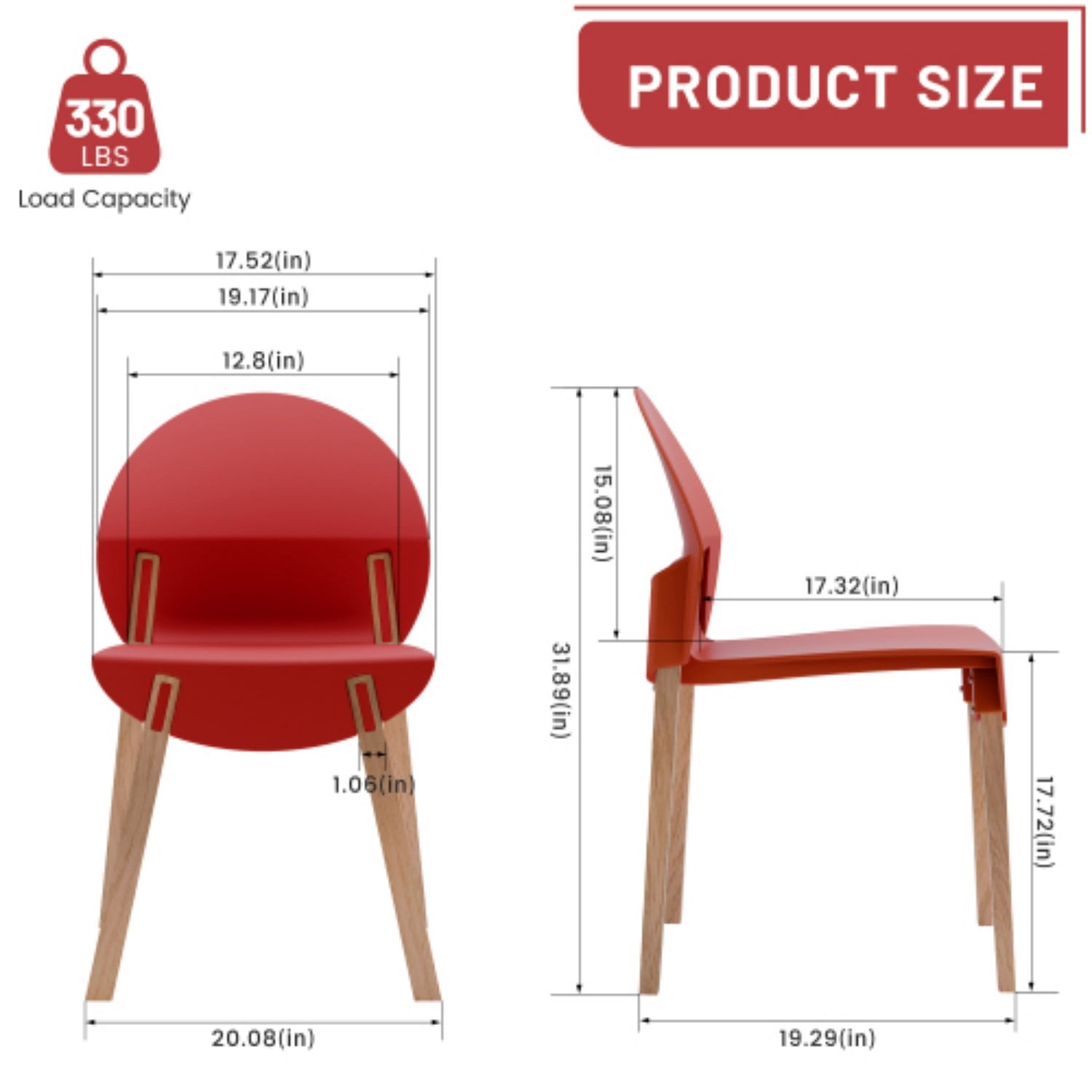 Dining Chairs Set of 4, Modern Kitchen Chairs with PP Seats & Solid Red Oak Wood Legs, 330 lb Capacity, Indoor Dining Room Living Room Chairs, Crimson Red
