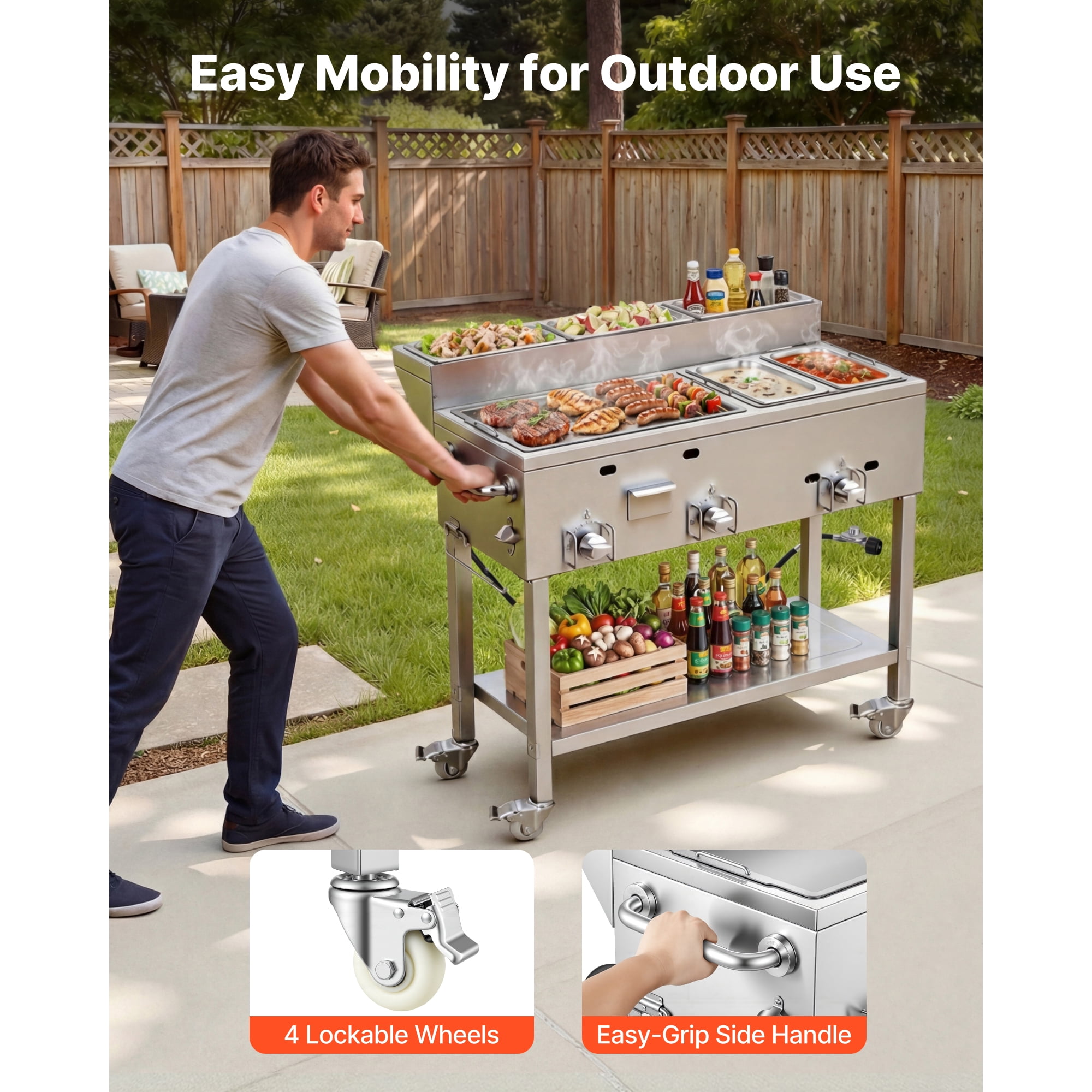 KFFKFF Outdoor Propane Griddle with 3 Burners (11,600 BTU Each), Stainless Steel Cooking Surface, Includes Two 1/3 Size Food Warming Pans, Portable Design with 4 Lockable Wheels