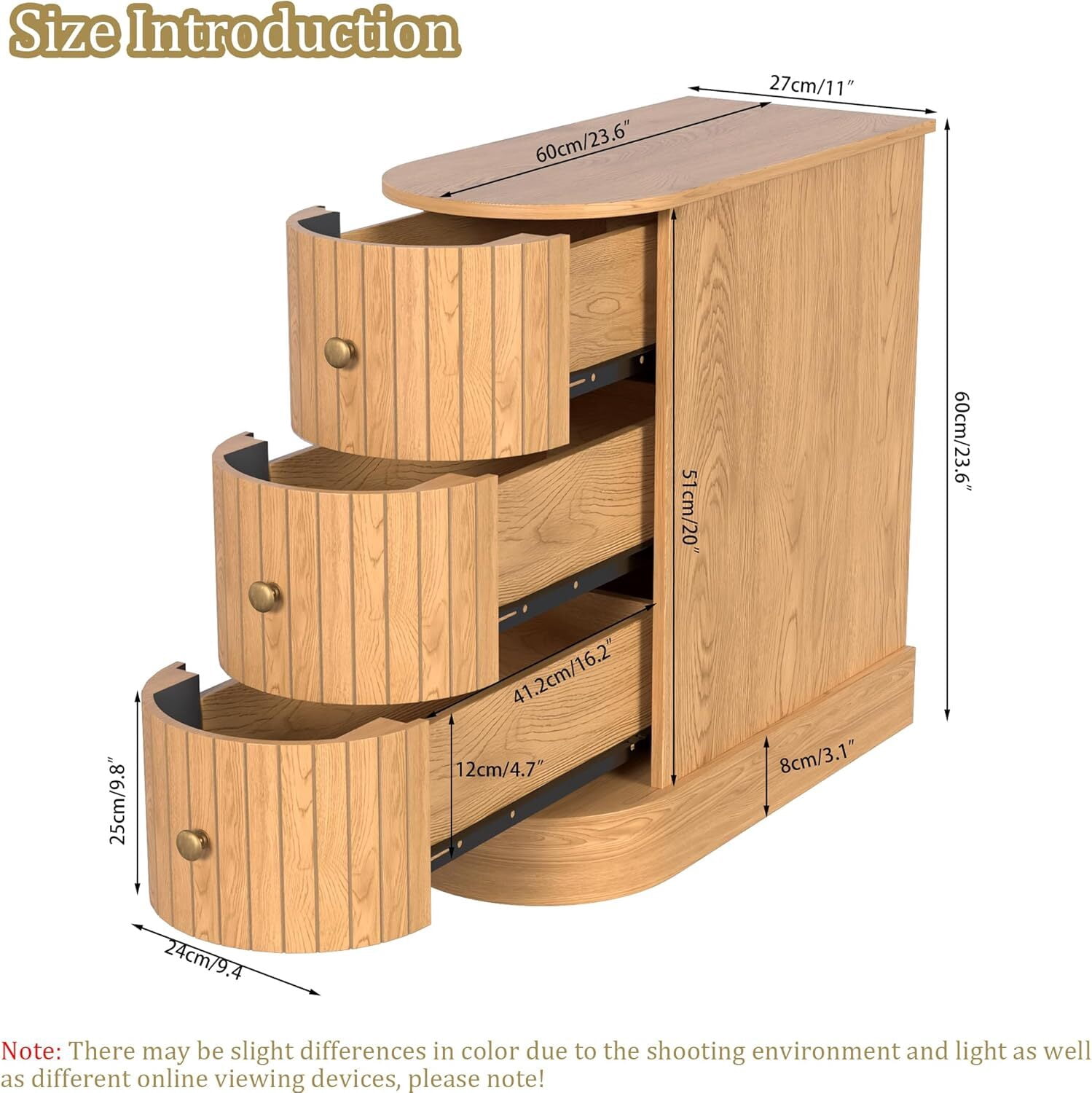3 Drawers Wood End Table, Narrow Sofa Side Table for Living Room, Slim Nightstand Bedside Table