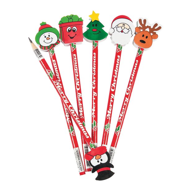 Fun Express Christmas Pencils with Eraser Toppers 12 Pieces