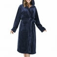 thumbnail image 2 of Womens Robes Plush Fleece Hooded Bathrobe Thick Nightgown with Pockets Sleepwear Navy Blue Cloak L, 2 of 8