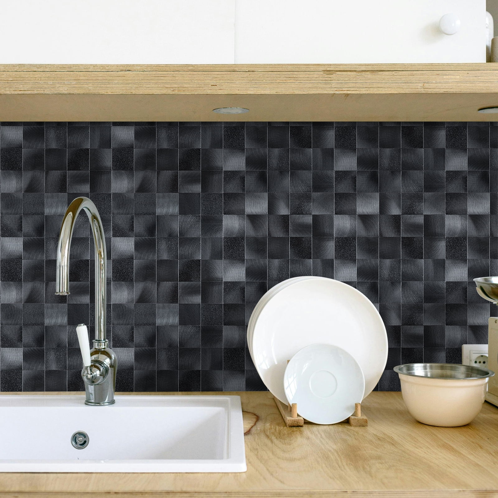 6-Sheet Black Peel and Stick Backsplash Square Tile, 12" x 12" Self Adhesive Embossed Surface Texture Stick on Wall Tiles for Kitchen Bathroom