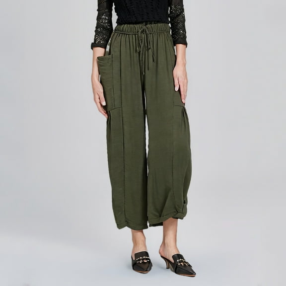 Aueoeo Women's Cotton Linen Pants Wide Leg Drawstring Elastic Waist Pants Lightweight Flowy Straight Leg Pant With Big Pockets