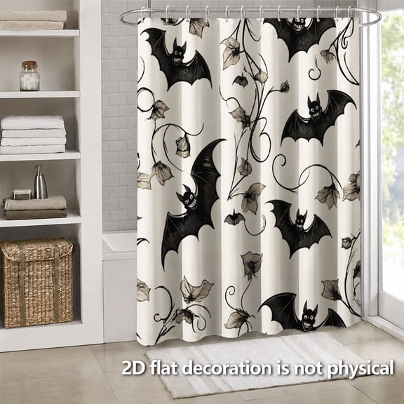 Hoease Vintage Vine Black Bat Halloween Shower Curtain, 71W x 71L Inch Waterproof Fabric Bathroom Curtain with 12 Hooks, Gothic Halloween Bath Decor