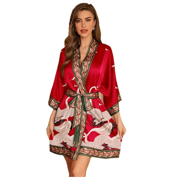 Red-crowned crane Silk Bathrobe for Women Nightgown Robes V Neck Sleepwear for Spa