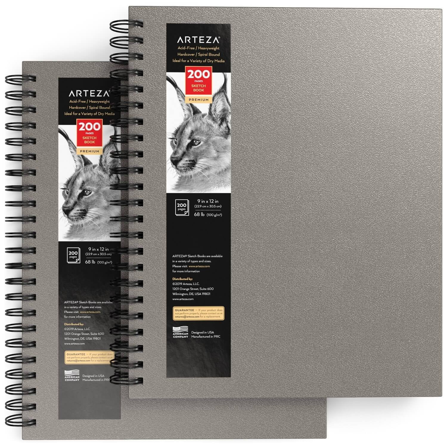 ARTEZA Sketchbook, SpiralBound Hardcover, Gray, 9" x 12" Pack of 2