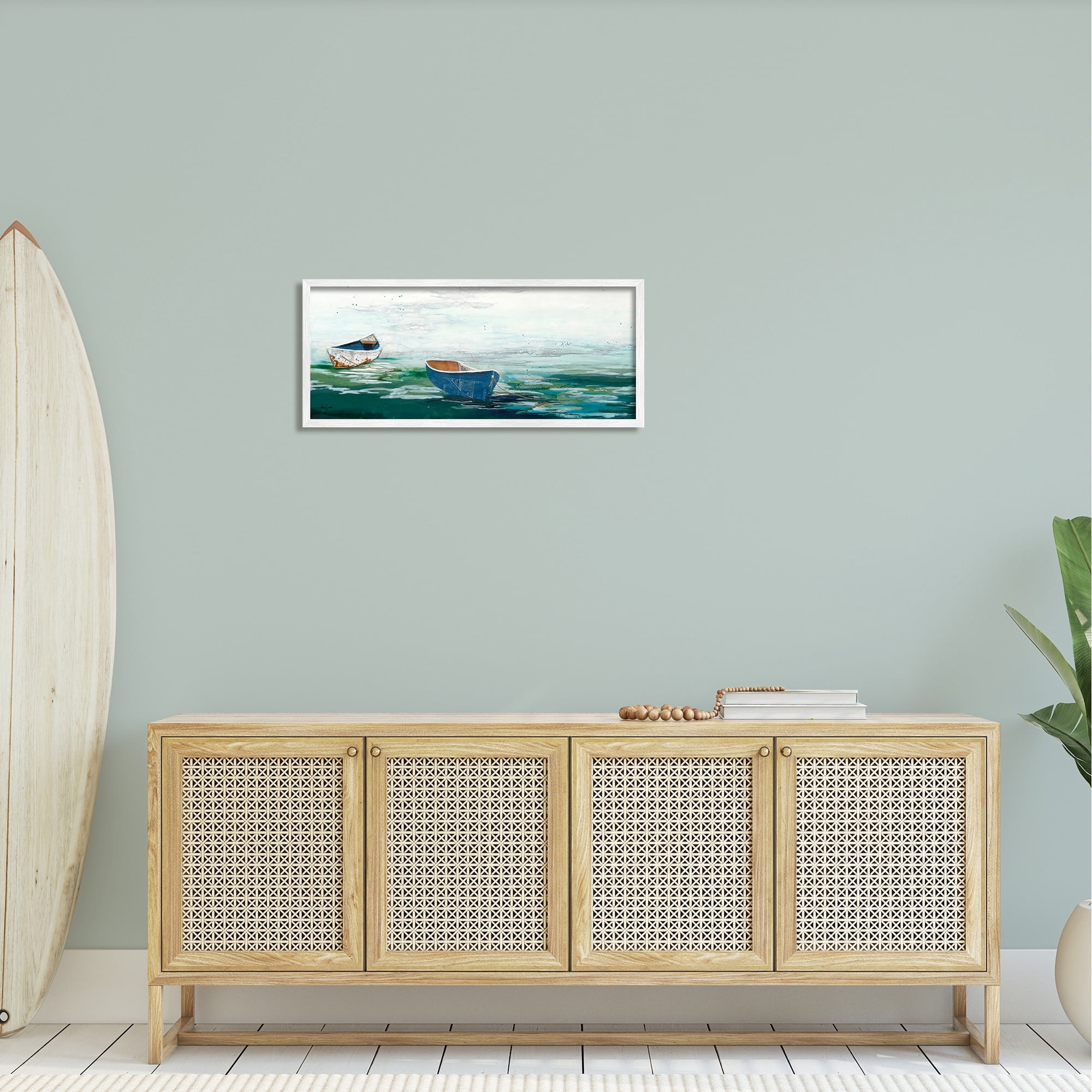 Stupell Industries Panoramic Ocean Waves Two Drifting Rowboats Scene Painting White Framed Art Print Wall Art, Design by Stacy Gresell