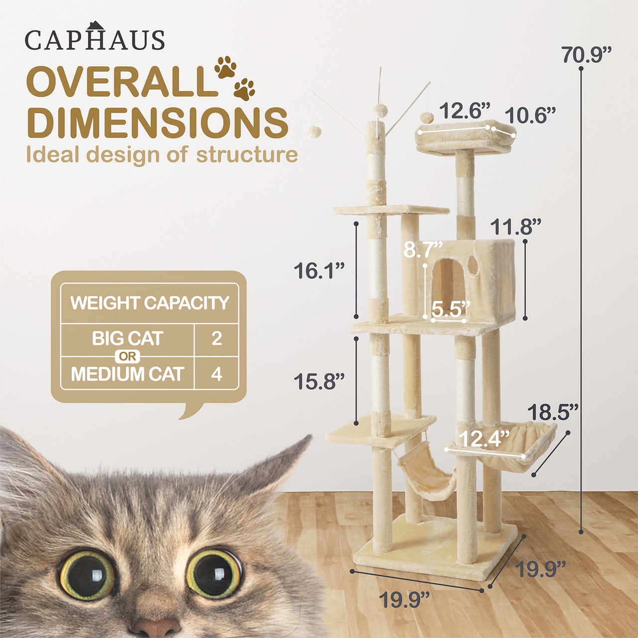 CAPHAUS Tall Cat Tree for Indoor Cats, Modern Cute 70-Inch Cat Climbing Play Tower with Top Perch for Large Cats Kittens, Multi-Level Cat Activity Tree w Scratching Posts, Hammock, Cat Cave Condo