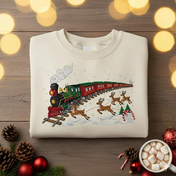 Reindeer Express Embroidered Christmas Sweatshirt – Vintage Holiday Train Sweater, Cute Festive Pullover, Cozy Xmas Gift