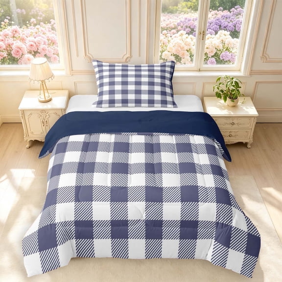Manfei Classic Plaid Twin Comforter Sets,Vintage Check Bedding Set,White Navy,Navy Blue Reversible,2 Pieces,1 Comforter and 1 Pillowcase,2 Pieces,1 Comforter and 1 Pillowcase