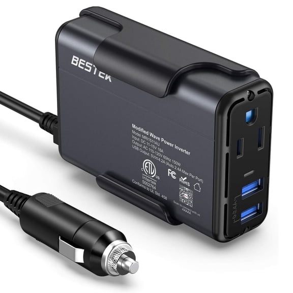 BESTEK 150W Power Inverter, DC 12V to 110V AC Car Converter Adapter with 4.2A Dual USB Charger, Thinner Design with ETL Listed,Gray with Back Clip