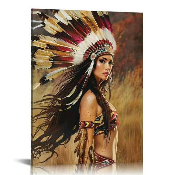 EastSmooth Native Girl Poster Native American Canvas Wall Art Women Feathered Art Canvas Print Painting for Bedroom Living Room Bathroom, 16x24inch 12x16 in
