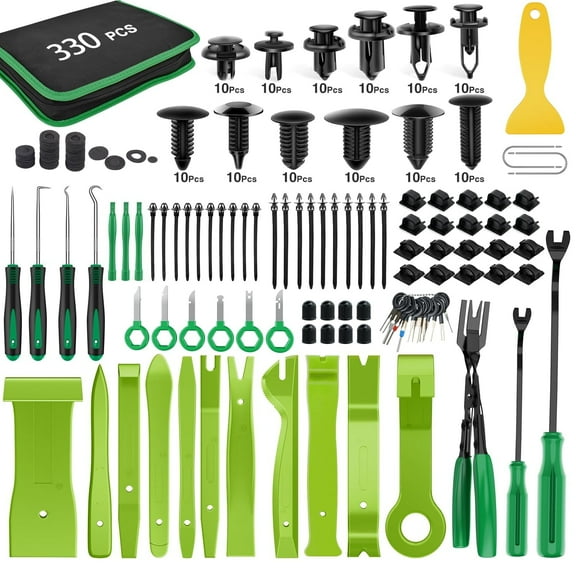 GOOACC 330Pcs Trim Removal Tool, Auto Push Pin Bumper Retainer Clip Set Fastener Terminal Remover Tool Adhesive Cable Clips Kit Car Panel Radio Removal Auto Clip Pliers, Green