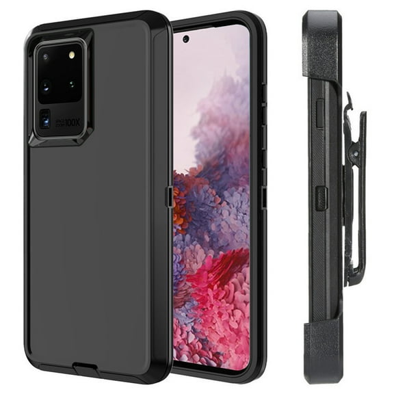 For Samsung Galaxy S20 Ultra Heavy Duty Military Grade Full Body Shockproof Dust-Proof Drop Proof Rugged Protective Cover w/Belt Clip Black/Black