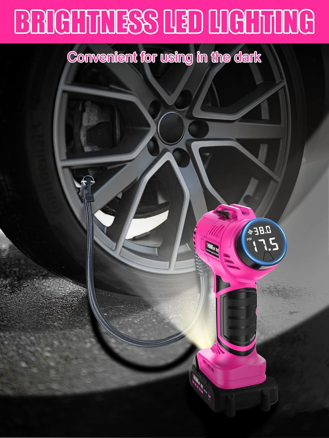 Tire Inflator Portable Air Compressor, Pink Cordless Car Tire Pump with 20V Rechargeable Battery, 12V Car Power Adapter, 150 PSI Handheld Air Pump for Car, Motorcycle, and Bike, Gift for Women