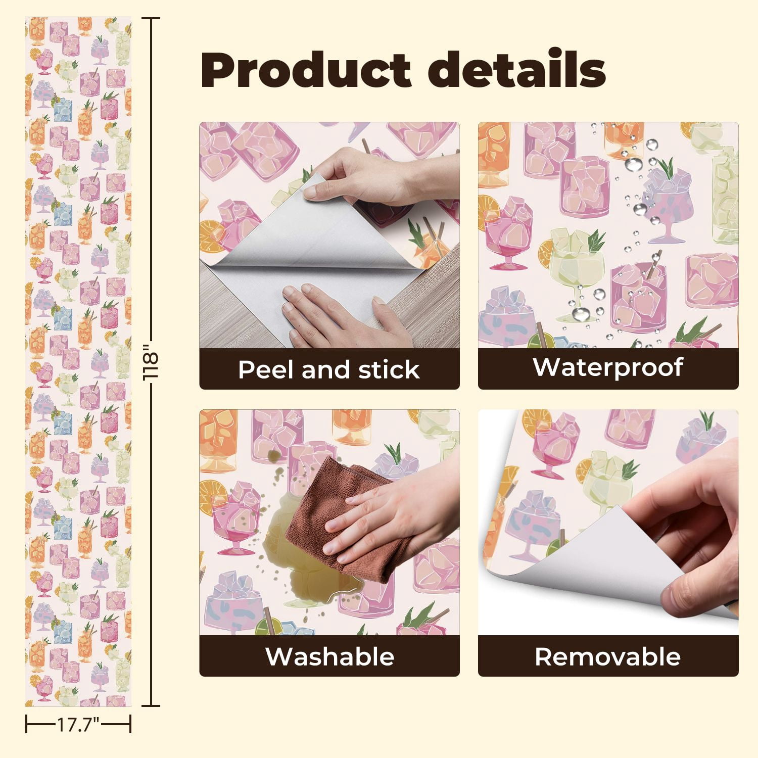 Peel and Stick Wallpaper Colorful Cocktail Glass Ice Cubes Citrus Pastel Style Wall Mural 17.7in x 9.8ft Self Adhesive Removable Wall Paper Renter Friendly Wallpaper for Nursery Bedroom Cabinets