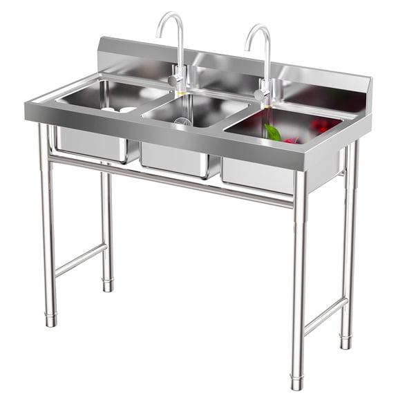 3 Compartment Utility Sink, 39" L x 18" W x 35.8" D Free Standing Triple Bowl Kitchen Sink with Cold and Hot Water Faucet, Commercial Stainless Steel Bowl for Kitchens, Garage, Laundry