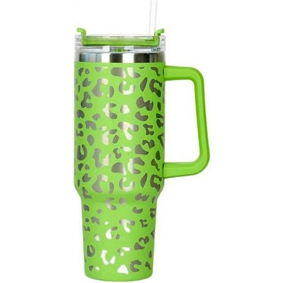 Lashicorn 40 Oz. Tumbler with Handle and Straw Neon Green Leopard Silver 10 tall Cup lid included Insulated Stainless Steel Vacuum Travel Mug Boutique Cheetah Print Lime