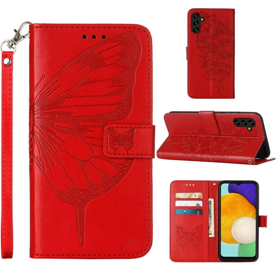 Dteck Butterfly & Flower Embossed Pattern PU Leather Wallet Phone Case for Samsung Galaxy A15 6.5 inch,Shockproof Slim Magnetic Flip Holder Card Slots Protective Cover with Wrist Strap,Red