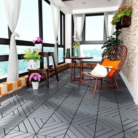 27 Pack Interlocking Deck Tiles, 12" x 12" x 0.9" Thick Waterproof PP Patio Flooring, Covers 27 Sq.Ft., Snap Together Outdoor Floor Tiles for Patio, Balcony, Porch, Backyard, Poolside & Garage