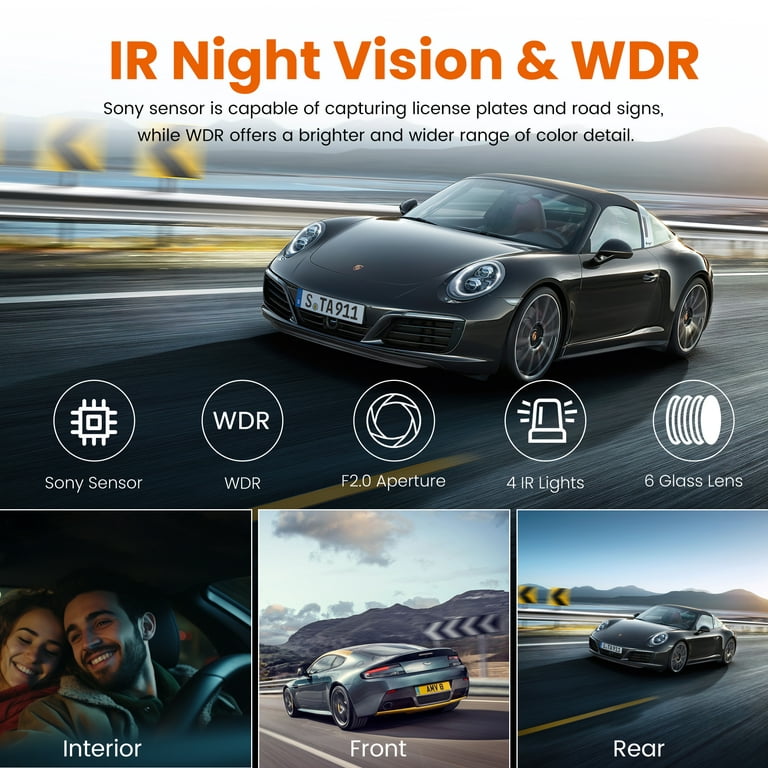 JQVV 3 Channel Dash Cam, 1080P Front and Rear Inside, Dashcam Three Way  Triple Car Camera with IR Night Vision, Loop Recording, G-Sensor, WDR, 24H