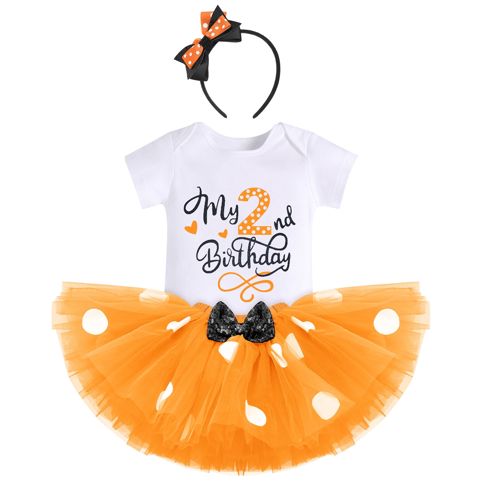 IBTOM CASTLE Toddler Baby Girls 1st 2nd Birthday Outfit Mini Polka Dots Romper Tutu Dress Mouse Ears Headband Princess Skirt Set for Photo Shoot 2 Years Orange