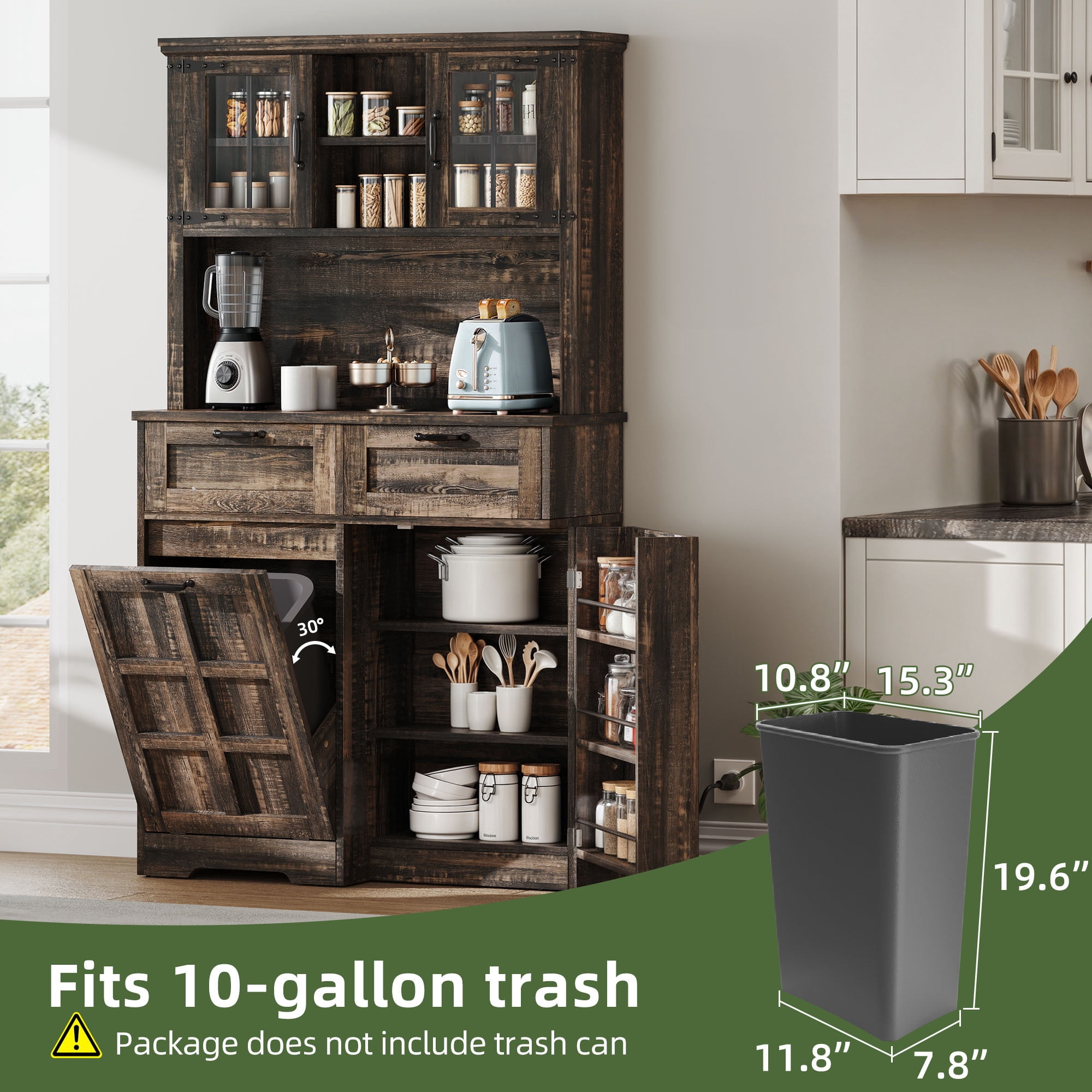Uforic Kitchen Pantry Cabinet with Doors & Drawers, Storage Cabinet Fits 10-gal Trash Can, Rustic Oak