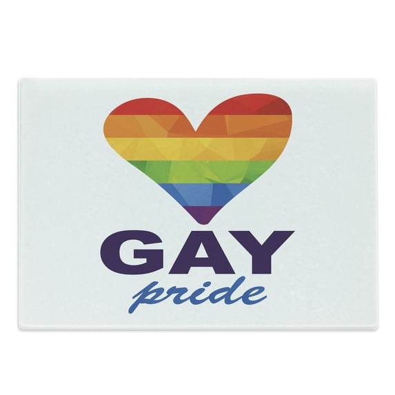 Pride Cutting Board, Polygonal Gay Rainbow Heart with Inscription LGBT Love Romance Culture Community, Decorative Tempered Glass Cutting and Serving Board, Large Size, Multicolor, by Ambesonne