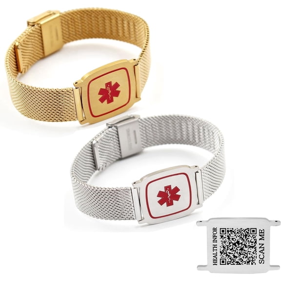 Dynamic QR Code Medical Alert Bracelet for Men Women Scan to Update Medical Info No Medical Info Needed at Checkout Stainless Steel Mesh Emergency ID Bracelet Waterproof Hypoallergenic