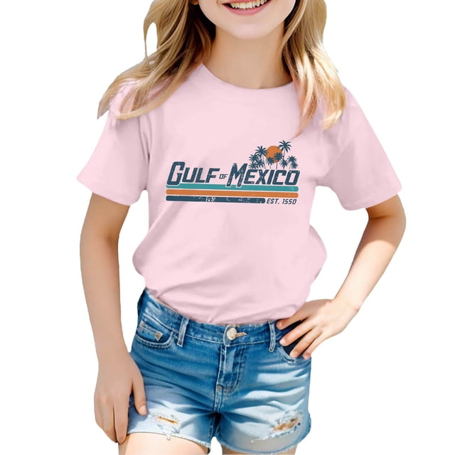 PMVFHDE Hauts Décontractés Mignons T-Shirts pour Filles T-Shirts Graphiques Tendance pour Filles Hauts Mode Enfants Imprimé Décontracté Col Rond Manches Courtes T-Shirt Rose, 6-7 Ans