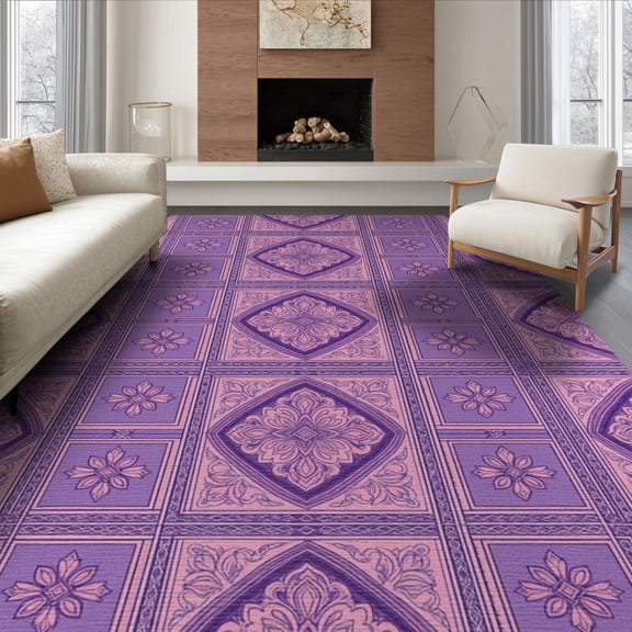 ODIKA 8'x10' Washable Area Rug Durable, Non-Slip Pink Traditional Purple Grid Symmetrical Repeating Checkered for Living Room, Under Sectional, Family
