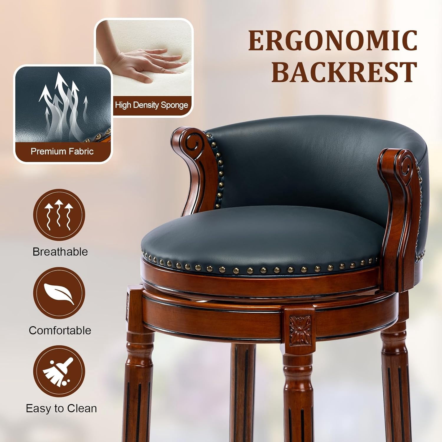 Aulife set of 2 Bar Stools Genuine Leather Counter Height barstool Wooden Swivel kitchen Stool with Footrest for Kitchen Dining Room Navy