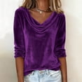 thumbnail image 6 of Ladies Velvet Elegant Drape Front Pleated Collar Three Quarter Sleeve Shirt Blouse Top Loose Fit Holiday Party Cocktail Christmas Festive Gift for Women | CSEONE,Purple L, 6 of 9