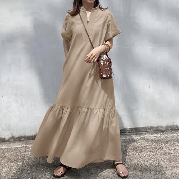 Summer Bohemian Style Blouse Long Skirt For Women Casual V Neck A Line Layered Ruffled Ankle Length Dress Women Outfits for Summer Petite Dresses Wrap Maxi Dress Cute Summer Dresses for Women Dresses